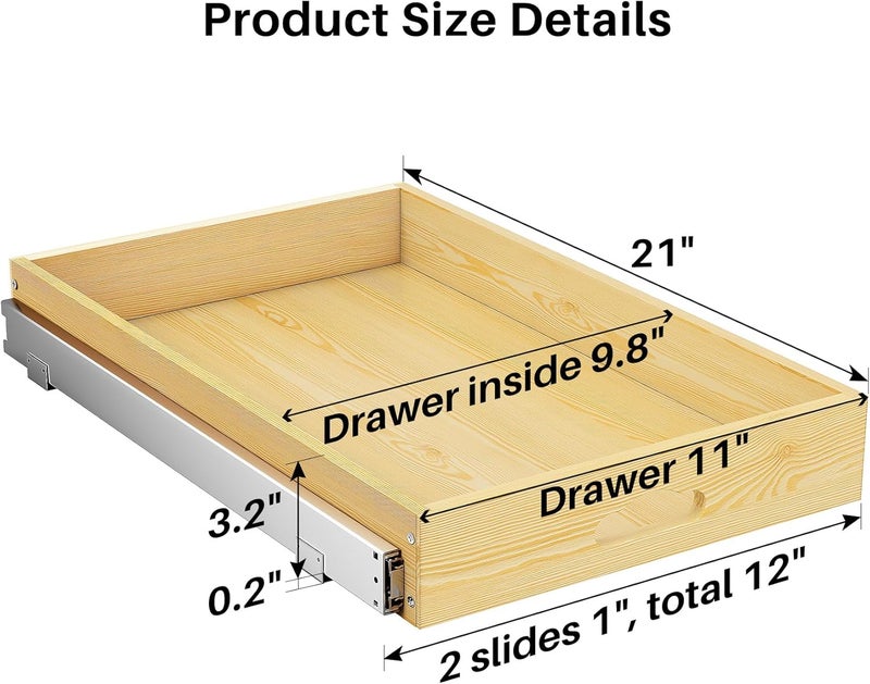 Kitstorack Pull Out Cabinet Organizer, Soft Close Wooden Slide Out Drawers for Pots and Pans, Full-extension Roll Out Shelves for Kitchen Cabinets, Pantry Organization, Bottom & Side Mount(12"W X 21"D x 3.4''H) - Image 2